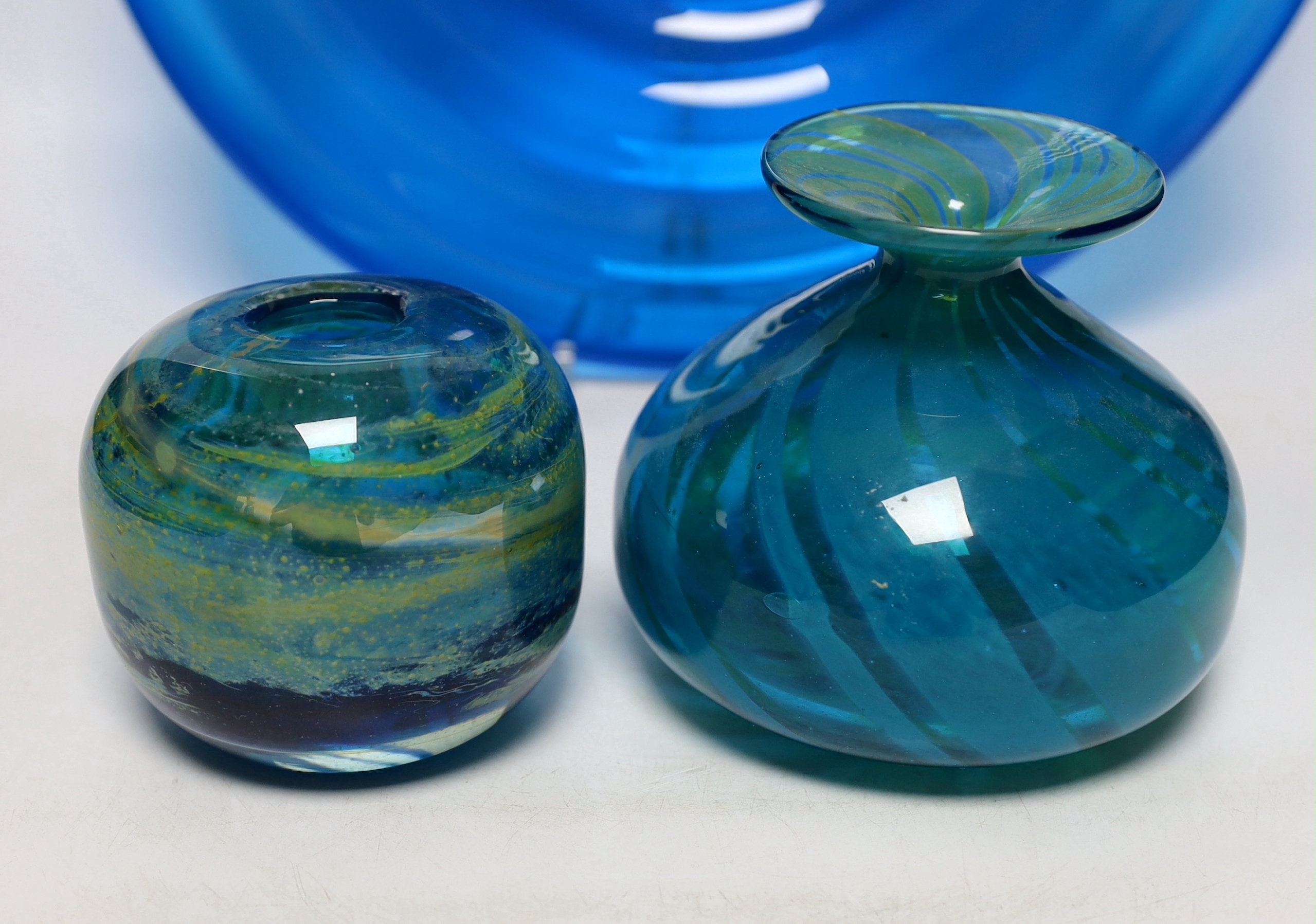 Four pieces of Mdina glass, three signed together with a blue glass dish, largest Mdina vase 19.5cm high